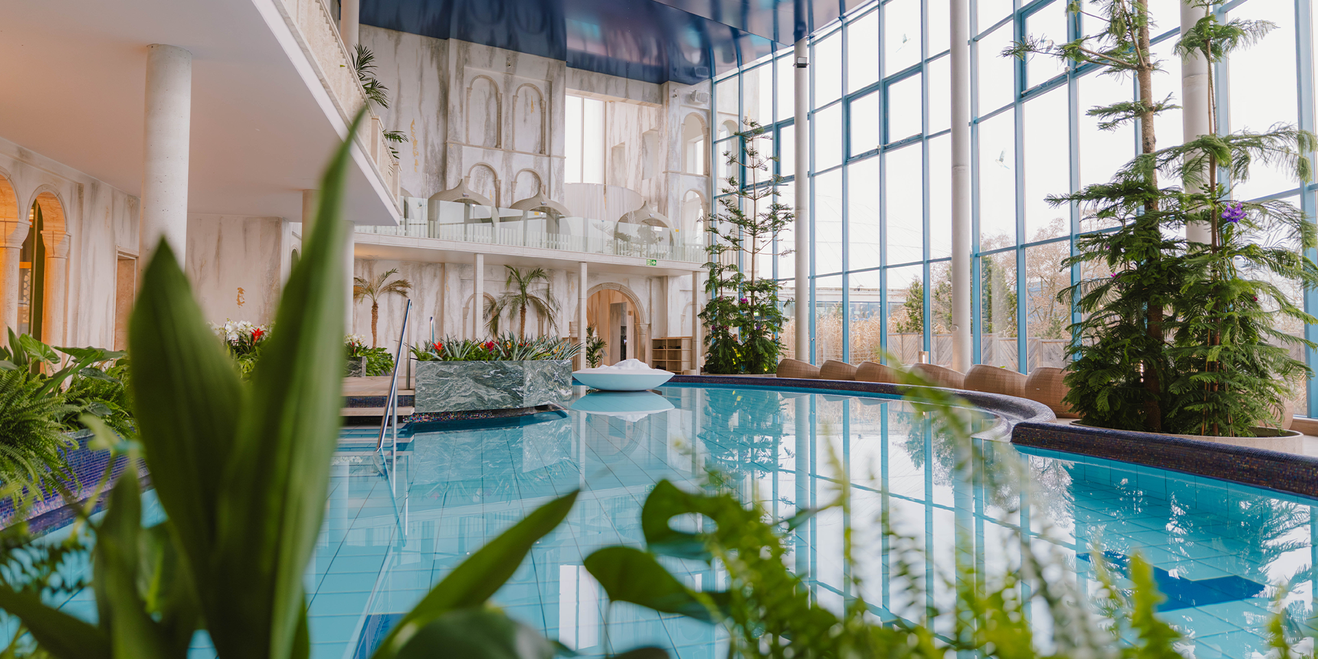 Turquoise sparkling water in the pool, surrounded by green plants.