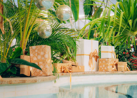 Schönverpackte Weihnachtsgeschenke unter grünen tropischen Palmen am Wasser