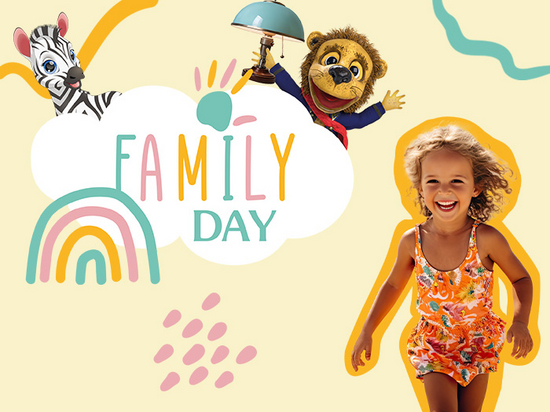 Zebra, lion and laughing child on Family Day poster with colourful elements and rainbow. Text: ‘FAMILY DAY’.