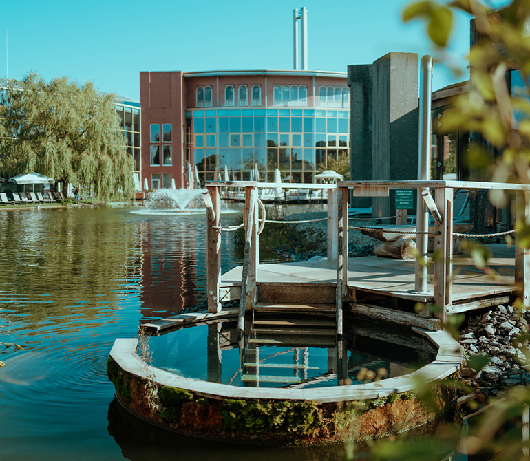 Plunge pool with wooden steps right next to the natural lake at Therme Erding