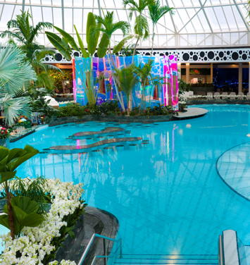Großes Thermenbecken mit türkisblauem Wasser, im Hintergrund sind grüne Großpalmen und eine bunt beleuchtete Sauna zu sehen.