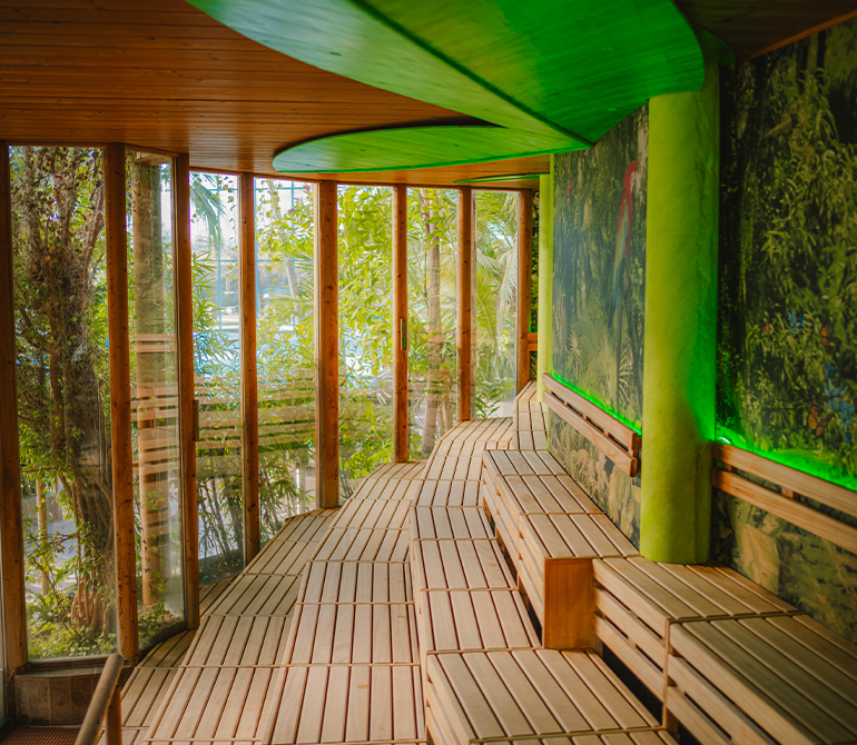 Holzsauna mit mehrstufigen Sitzbänken und grüner Beleuchtung, tropisches Wandbild an der Decke und Wand