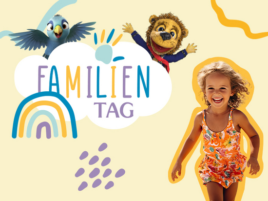 The words “Familien Tag” are written in colorful letters on a yellow background.