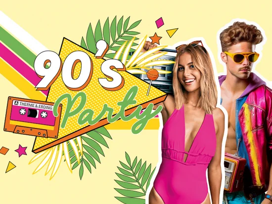 Grafik einer farbenfrohen 90er-Jahre-Party: Eine Frau in pinkem Badeanzug und ein Mann in bunter Jacke mit Sonnenbrille stehen vor retro-Elementen wie Kassette, Neonformen und Palmenblättern.