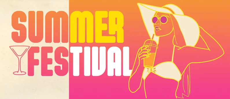 Colorful graphic with the text ‘Summer Festival’. On the right, a stylized woman wearing a sun hat and sunglasses, holding a drink, set against a pink and orange gradient background.
