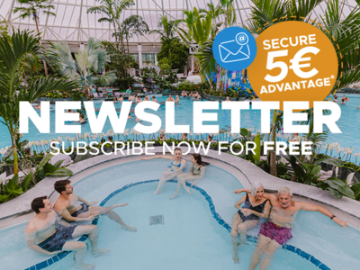 Several people in a pool surrounded by palm trees with text on the image: ‘Subscribe to the newsletter now for free and get a 5€ discount.