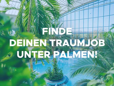 Text auf grünem Hintergrund mit Blättern: "Finde deinen Traumjob unter Palmen".