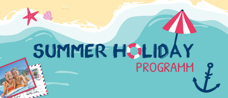 Illustration for summer holiday program with beach, water, postcard, and sun umbrella.