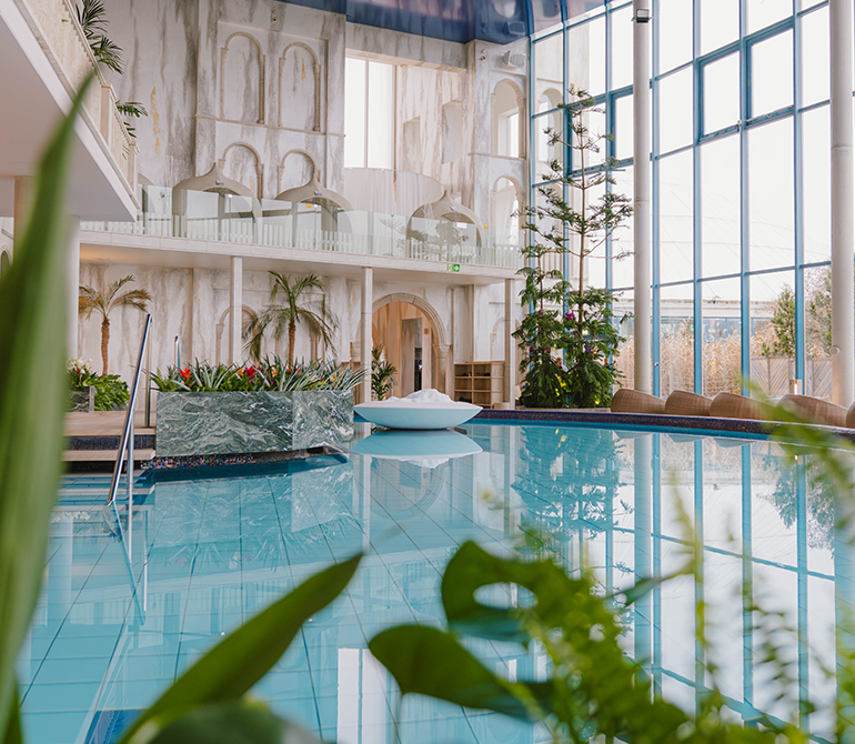 Turquoise water in the pool, surrounded by green plants and trees.