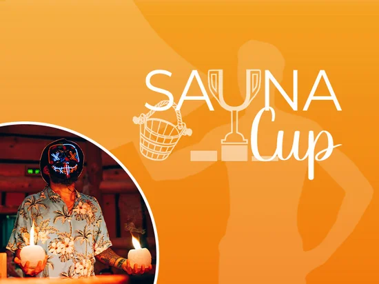 Promotional image for the ‘Sauna Cup’ with illustrations of a trophy and a sauna bucket. In the lower part, a sauna master performs an infusion show in front of an audience. Below: ‘Register here’