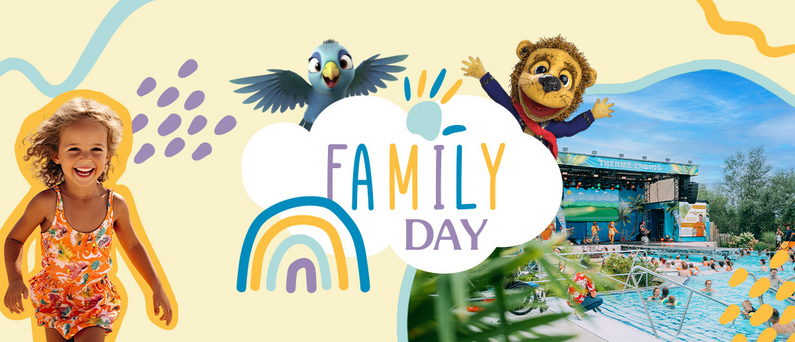 Colorful promo image for Family Day with a child, mascot Nelson, a bird and a stage by the water.