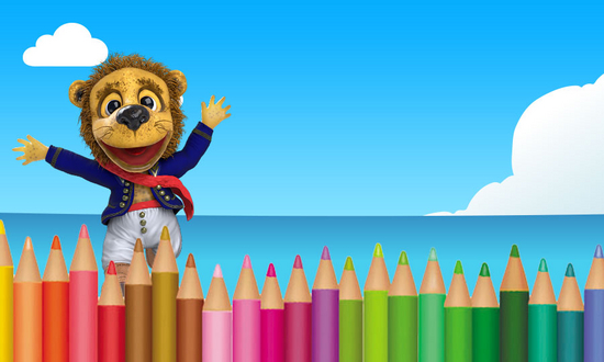 The mascot Nelson in captain's uniform stands by the sea, raises his arms, in the foreground are colorful crayons, blue sky with clouds in the background.