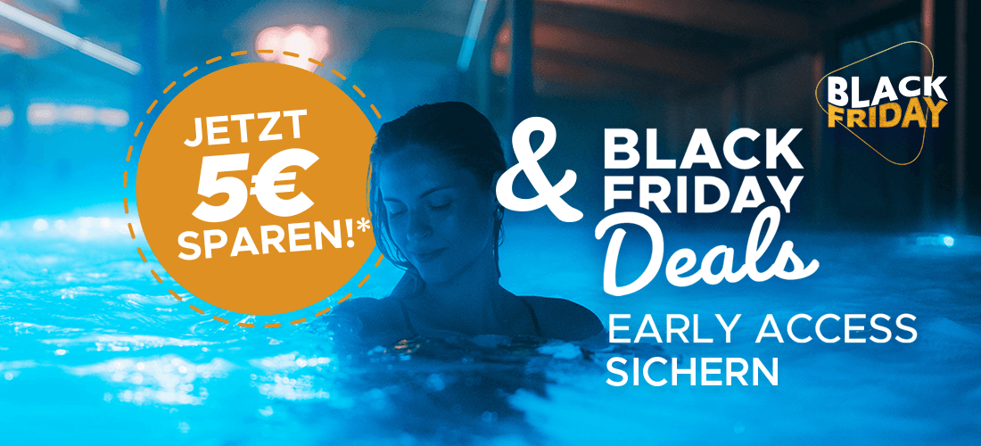 Frau im Pool, darauf ein Störer mit 5€ sparen und Black Friday Deals Early Access sichern